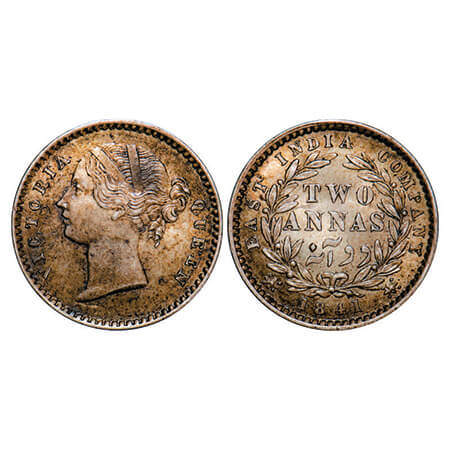Victoria Queen, Silver, 2 Annas, 1841, DL, Calcutta Mint, W.W. raised, Wreath with 9 Berri