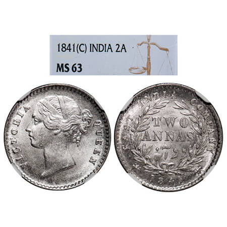 Victoria Queen, Silver, 2 Annas, 1841, DL, Calcutta Mint, W.W. raised, Wreath with 9 Berri