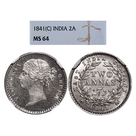 Victoria Queen, Silver, 2 Annas, 1841, DL, Calcutta Mint, W.W. raised, Wreath with 9 Berri