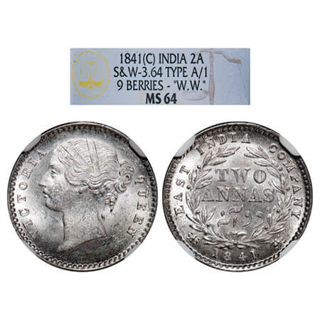 Victoria Queen, Silver, 2 Annas, 1841, DL, Calcutta Mint, W.W. raised, Wreath with 9 Berri