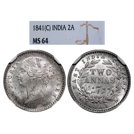Victoria Queen, Silver, 2 Annas, 1841, DL, Calcutta Mint, W.W. raised, Wreath with 9 Berri