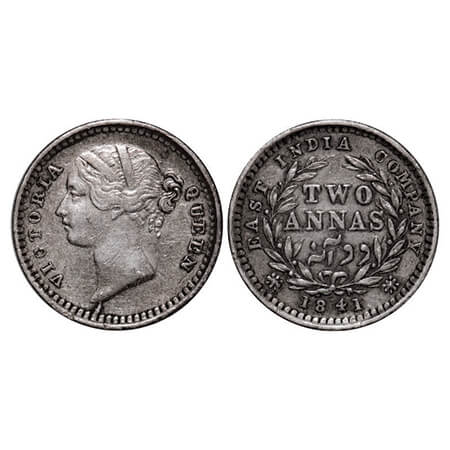 Victoria Queen, Silver, 2 Annas, 1841, DL, Madras Mint, 'S' incused, W.W. raised, Wreath w