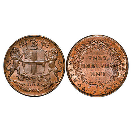 Victoria Queen, Copper, Quarter Anna, 1858, J. Watt & Co., Birmingham Mint, Single leaf, Y