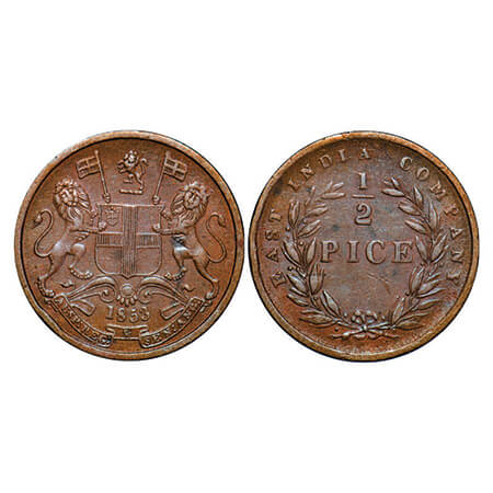 Victoria Queen, Copper, 1/2 Pice, 1853, Calcutta Mint, B/I, Elongated beads above year num
