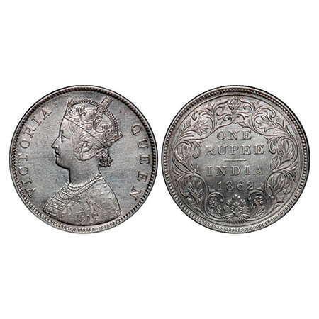 Victoria Queen, Silver, Rupee, 1862, Bombay Mint, B/II/3/0, Dot settled in a row. GK 293. 