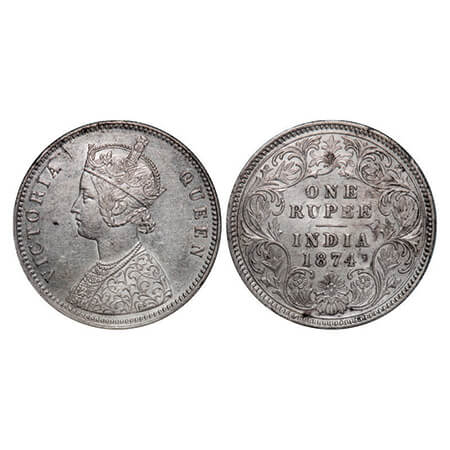 Victoria Queen, Silver, Rupee, 1874, Calcutta Mint, A1/I, No mint mark, Numeral 7 and 4 of