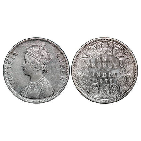 Victoria Queen, Silver, Rupee, 1875, Calcutta Mint, A1/I, No mint mark, Top stroke of nume