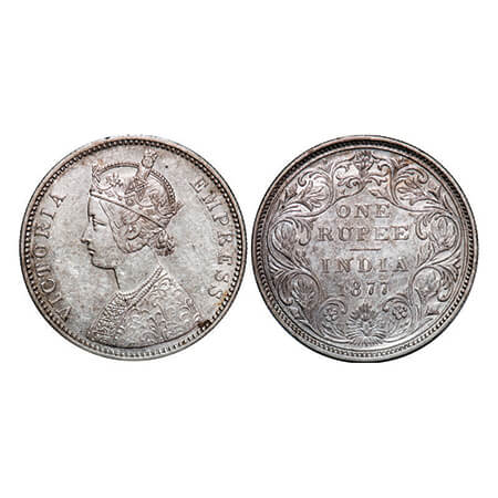 Victoria Empress, Silver, Rupee, 1877, Bombay Mint, A3/II, Dot. GK 437. Extremely Fine+. S