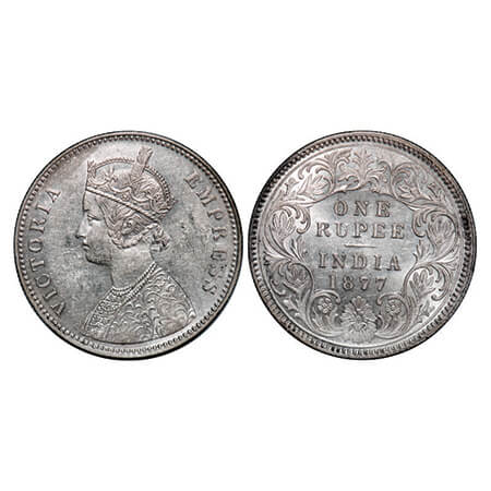 Victoria Empress, Silver, Rupee, 1877, Calcutta Mint, A1/I, No mint mark. GK 446, F. Prid 