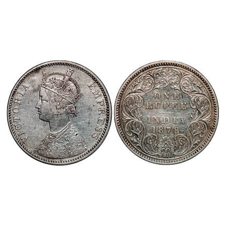 Victoria Empress, Silver, Rupee, 1878, Bombay Mint, A3/I, Dot. GK 454, F. Prid 152. About 