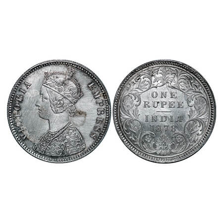 Victoria Empress, Silver, Rupee, 1878, Calcutta Mint, A1/I, No mint mark. GK 455, F. Prid 