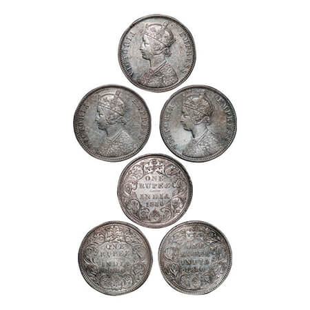 Victoria Empress, Silver, Rupee (3 coins), 1880, Bombay Mint, 1) A3/II(i), Dot, Ghost on R