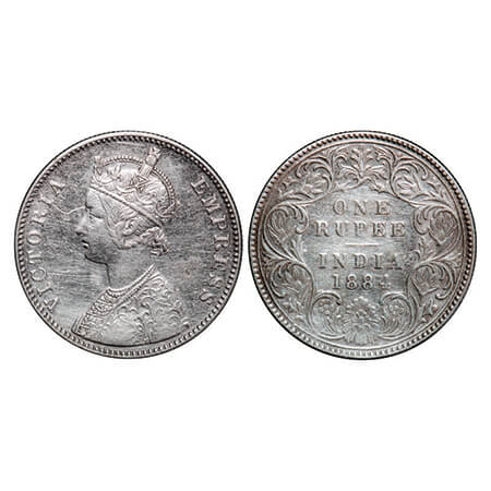 Victoria Empress, Silver, Rupee, 1884, Bombay Mint, A3/I, 'B' raised. GK 489, F. Prid 167.