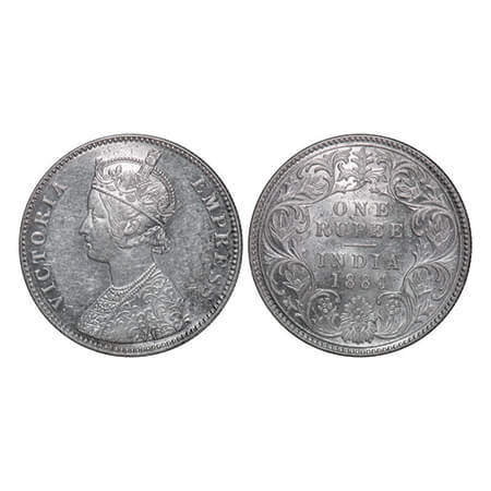 Victoria Empress, Silver, Rupee, 1884, Bombay Mint, A3/I, 'B' raised. GK 489, F. Prid 167.