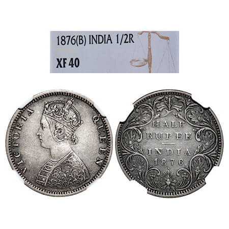 Victoria Queen, Silver, Half Rupee, 1876, Bombay Mint, B2/II, Dot. GK 606, F. Prid 287. NG