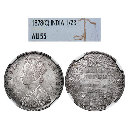 Victoria Empress, Silver, Half Rupee, 1878, Calcutta Mint, A/I, No mint mark. GK 612, F. P