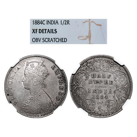Victoria Empress, Silver, Half Rupee, 1884, Calcutta Mint, A/I, 'C' incused. GK 628, F. Pr