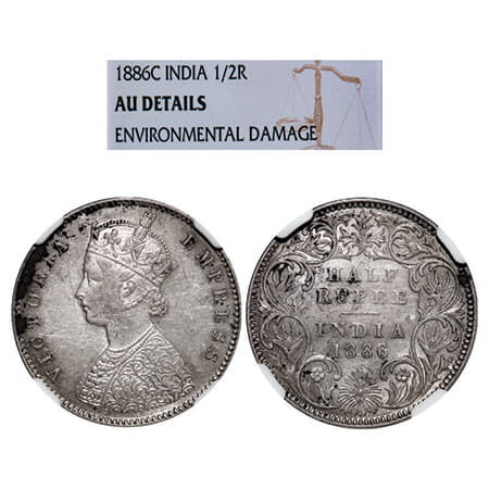Victoria Empress, Silver, Half Rupee, 1886, Calcutta Mint, A/I, 'C' incused. GK 634, F. Pr