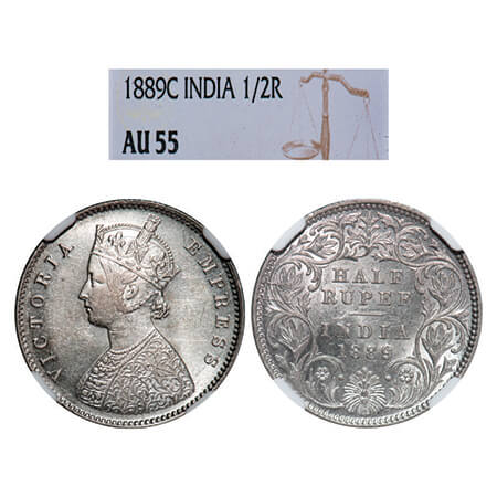 Victoria Empress, Silver, Half Rupee, 1889, Calcutta Mint, A/I, 'C' incused. GK 645, F. Pr