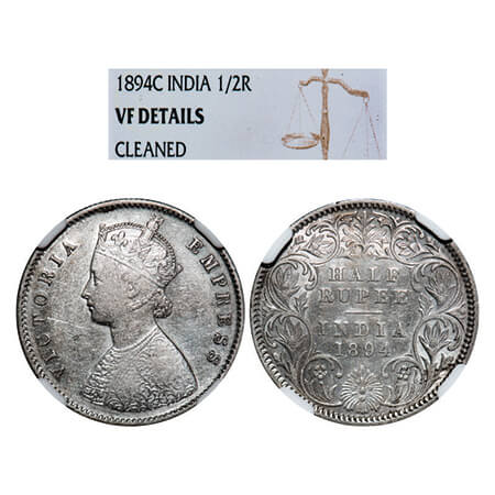 Victoria Empress, Silver, Half Rupee, 1894, Calcutta Mint, A/I, 'C' incused. GK 651, F. Pr