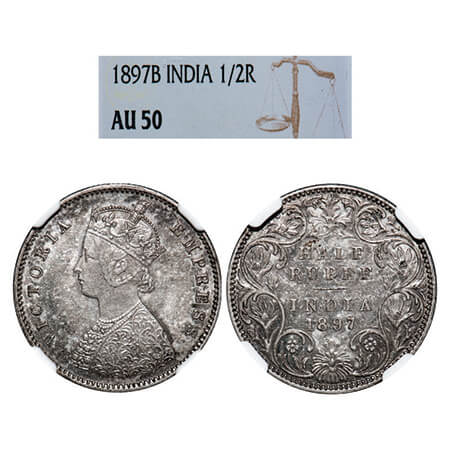 Victoria Empress, Silver, Half Rupee, 1897, Bombay Mint, A/I, 'B' incused, Traces of numer