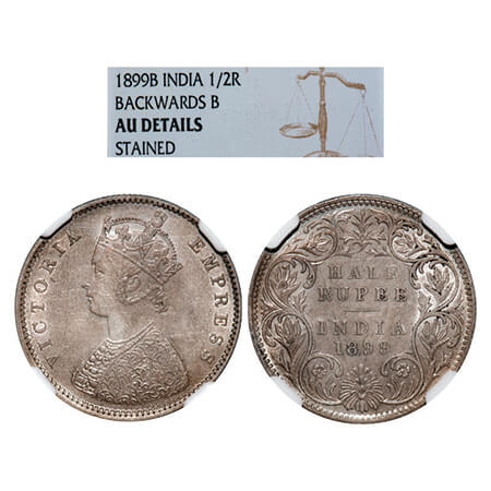 Victoria Empress, Silver, Half Rupee, 1899, Bombay Mint, A/I, 'B' incused, B incused inver
