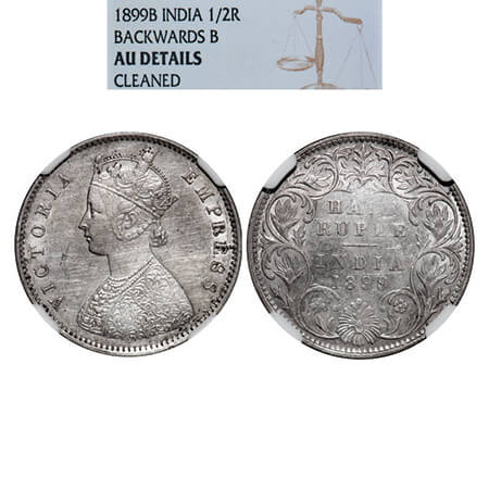 Victoria Empress, Silver, Half Rupee, 1899, Bombay Mint, A/I, 'B' incused, B incused inver