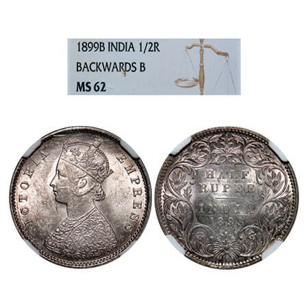Victoria Empress, Silver, Half Rupee, 1899, Bombay Mint, A/I, 'B' incused, B incused inver