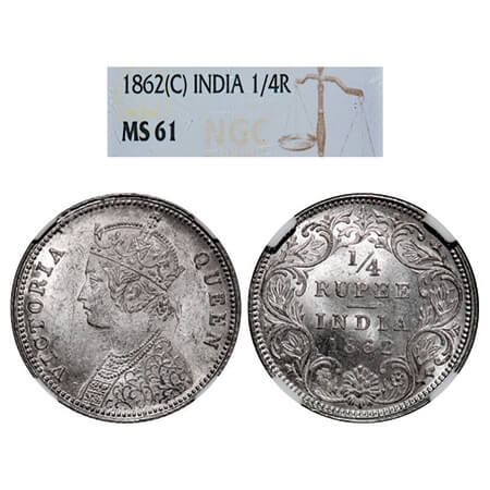 Victoria Queen, Silver, 1/4 Rupee, 1862, Calcutta Mint, A/I. GK 375, F. Prid 376. NGC Slab