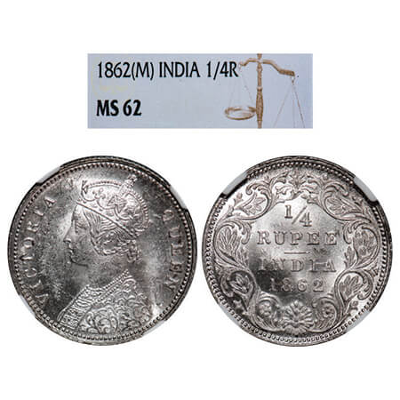 Victoria Queen, Silver, 1/4 Rupee, 1862, Madras Mint, A/I. GK 379, F. Prid 378. NGC Slabbe