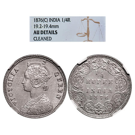 Victoria Queen, Silver, 1/4 Rupee, 1876, Calcutta Mint, A/I, No mint mark, No 'C'. GK 669,