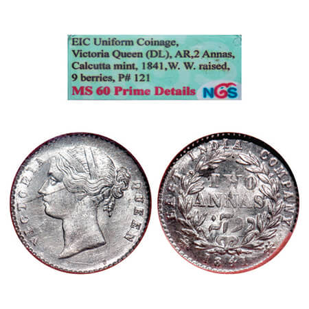 Victoria Queen, Silver, 2 Annas, 1841, Calcutta Mint, W.W. raised, Wreath with 9 Berries (
