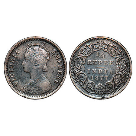 Victoria Empress, Silver, 1/4 Rupee, 1877, Bombay Mint, B/I, Dot. GK 671, F. Prid 409. Fin