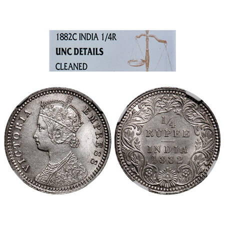 Victoria Empress, Silver, 1/4 Rupee, 1882, Calcutta Mint, C/II, 'C' incused. GK 687, F. Pr