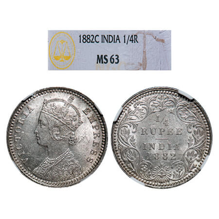 Victoria Empress, Silver, 1/4 Rupee, 1882, Calcutta Mint, C/II, 'C' incused. GK 687. NGC S