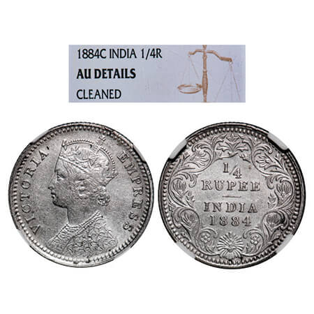 Victoria Empress, Silver, 1/4 Rupee, 1884, Calcutta Mint, C/II, 'C' incused. GK 699. NGC S
