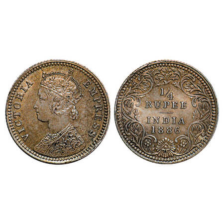 Victoria Empress, Silver, 1/4 Rupee, 1886, Calcutta Mint, C/II, 'C" incused, Die cracks on
