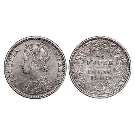 Victoria Empress, Silver, 1/4 Rupee, 1887, Bombay Mint, C(i)/II, 'B' raised. GK 708. Very 