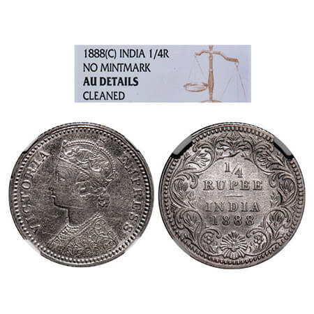 Victoria Empress, Silver, 1/4 Rupee, 1888, Calcutta Mint, C/II, No mint mark, No 'C'. GK 7