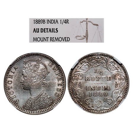 Victoria Empress, Silver, 1/4 Rupee, 1889, Bombay Mint, C(i)/II, 'B' incused. GK 715. NGC 