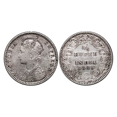 Victoria Empress, Silver, 1/4 Rupee, 1889, Bombay Mint, C(i)/II, 'B' incused. GK 715. Very