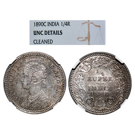 Victoria Empress, Silver, 1/4 Rupee, 1890, Calcutta Mint, C/II, 'C' incused. GK 719. NGC S