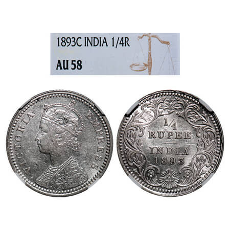 Victoria Empress, Silver, 1/4 Rupee, 1893, Calcutta Mint, C/II, 'C' incused. GK 725. NGC S