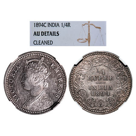 Victoria Empress, Silver, 1/4 Rupee, 1894, Calcutta Mint, C/II, 'C' incused. GK 727. NGC S