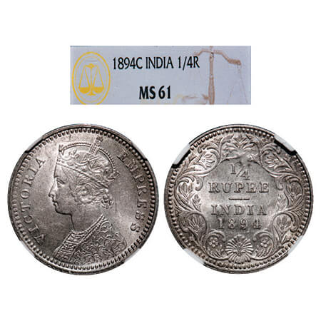 Victoria Empress, Silver, 1/4 Rupee, 1894, Calcutta Mint, C/II, 'C' incused. GK 727. NGC S