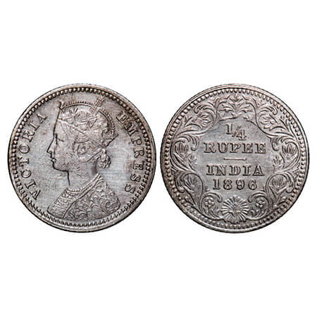 Victoria Empress, Silver, 1/4 Rupee, 1896, Calcutta Mint, C/II, 'C' incused. GK 728. Very 