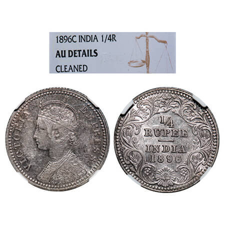 Victoria Empress, Silver, 1/4 Rupee, 1896, Calcutta Mint, C/II, 'C' incused. GK 728. NGC S