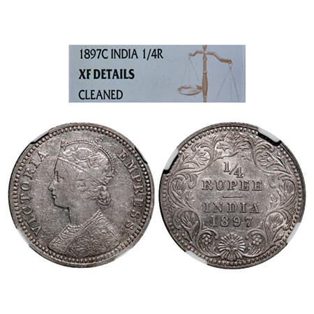Victoria Empress, Silver, 1/4 Rupee, 1897, Calcutta Mint, C/II, 'C' incused. GK 732. NGC S