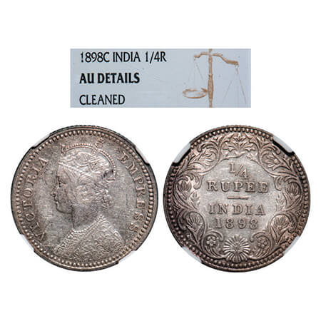 Victoria Empress, Silver, 1/4 Rupee, 1898, Calcutta Mint, C/II, 'C' incused. GK 735. NGC S