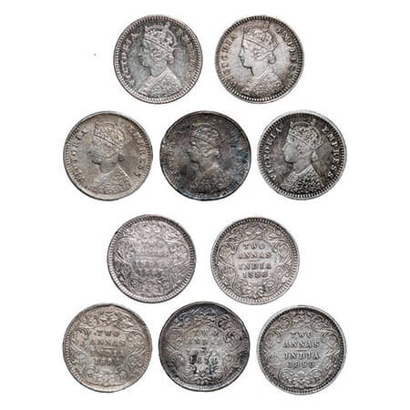 Victoria Queen & Empress, Silver, 2 Annas, (lot of 5 coins), 1874, 1888, 1890, 1896, Bomba